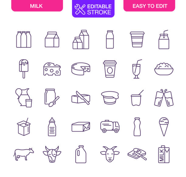ilustraciones, imágenes clip art, dibujos animados e iconos de stock de iconos de leche y productos lácteos establecer trazo editable - dairy product