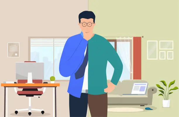 Vector illustration of Concept choosing work remotely from home, office. Businessman in office and home clothes works both at home and in  office.