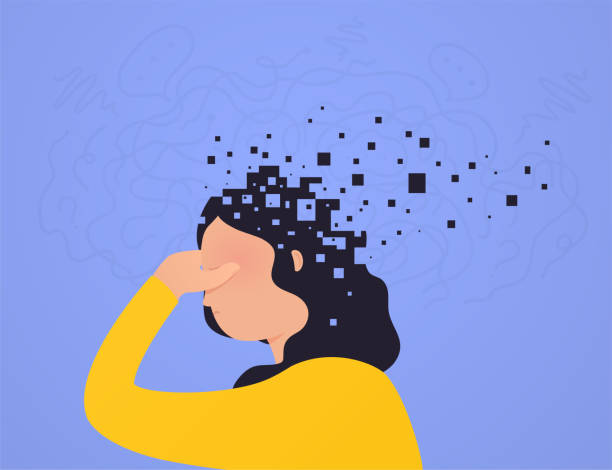 brain damage. woman loses part head falling apart, pixels. - kavramlar illüstrasyonlar stock illustrations