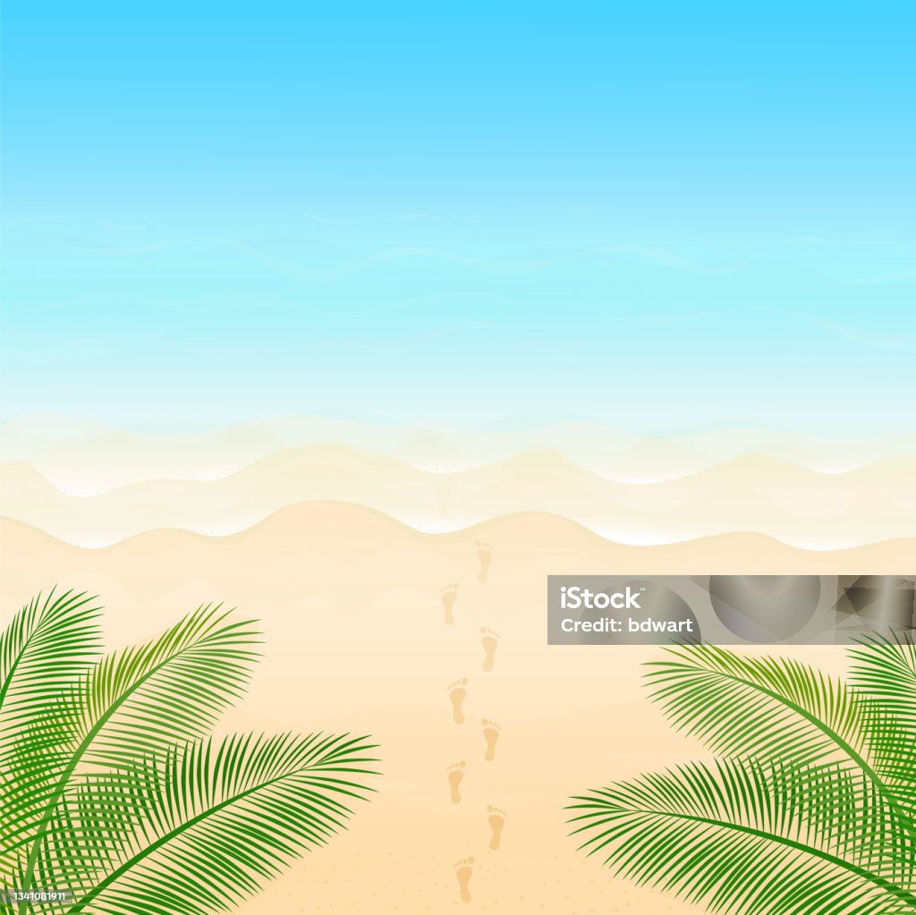 SO09 Vector illustration. Ocean from above. Banner, site, poster template. Paradise beach with waves and palm leaves. Beach stock vector