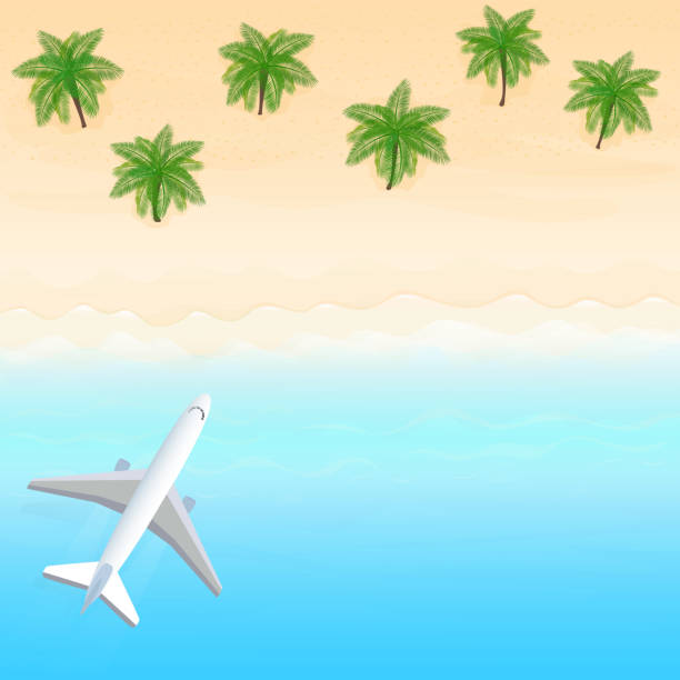 SO10 Vector illustration. Ocean from above. Banner, site, poster template. Paradise beach with waves and palm tree. Flight over the sea. phoenix arizona sun stock illustrations
