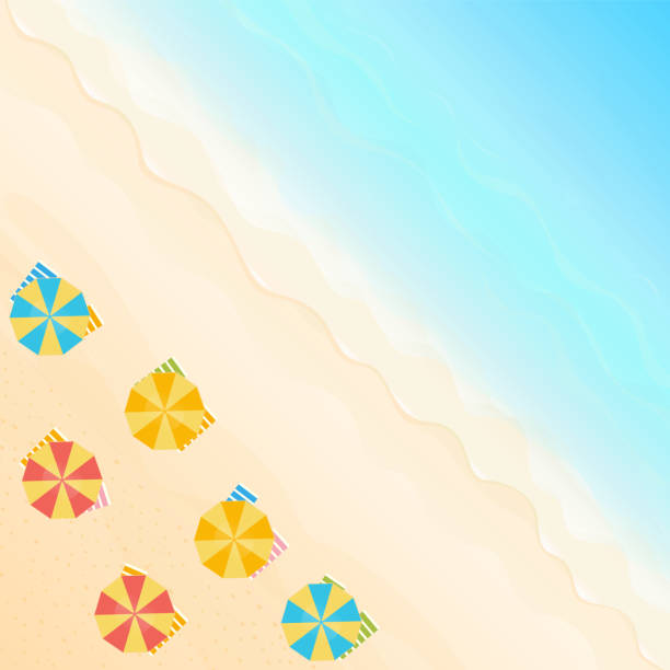 SO12 Vector illustration. Ocean from above. Banner, site, poster template. Paradise beach with waves and beach umbrella. phoenix arizona sun stock illustrations