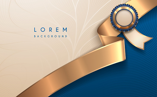 Blue and white background template with golden ribbon in vector