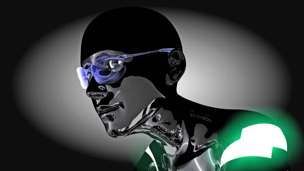A robot girl with fashionable glasses looks forward reflectively.