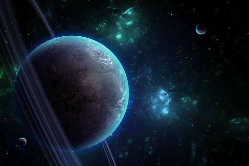 Computer Generated Space Scene with Planets and Nebulae on Background