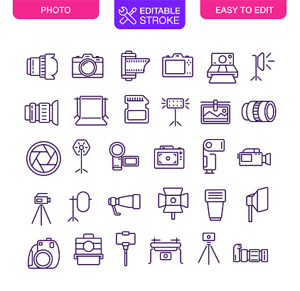 Photography Icons Set Editable Stroke. Vector illustration.