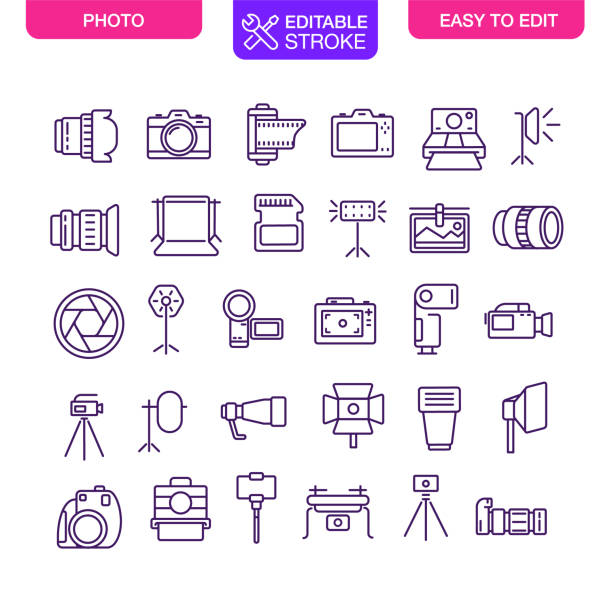 Photography Icons Set Editable Stroke Photography Icons Set Editable Stroke. Vector illustration. point and shoot camera stock illustrations