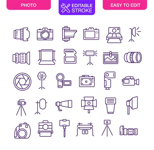 Vector illustration of Photography Icons Set Editable Stroke