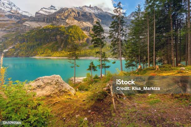 Panorama Of Oeschinensee Lake And Alps Switzerland Stock Photo - Download Image Now