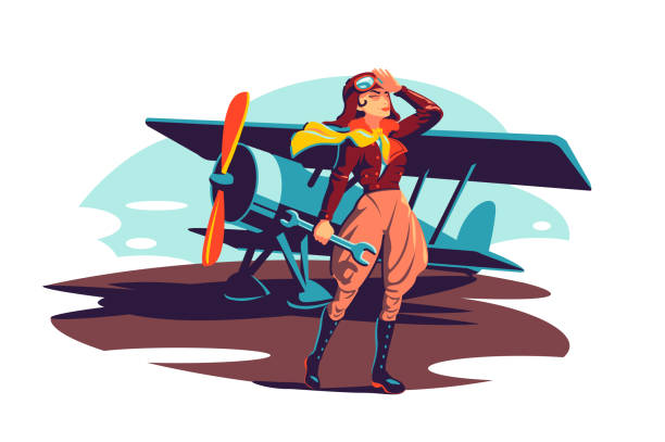 Female aviator holding wrench instrument vector illustration. Woman pilot in costume flat style. Repair airplane with tool. Pilot occupation, aircraft concept. Isolated on white background