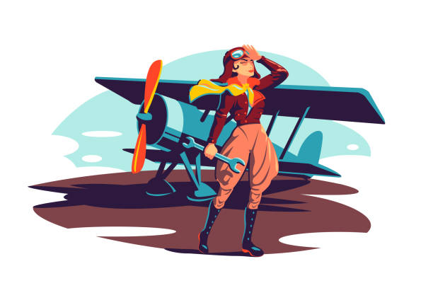 Female aviator holding wrench instrument Female aviator holding wrench instrument vector illustration. Woman pilot in costume flat style. Repair airplane with tool. Pilot occupation, aircraft concept. Isolated on white background pilot stock illustrations