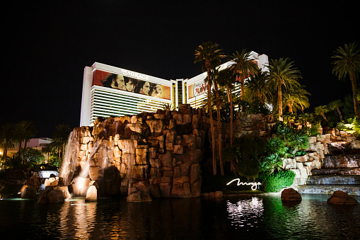 The Mirage at night, a Hotel and Casino located on the Las Vegas Strip in Paradise, Nevada, USA