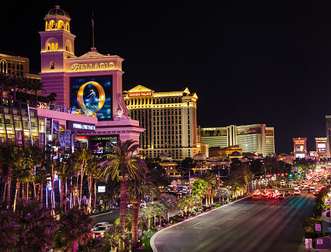 October 18, 2018 - Las Vegas, United States:  Panoramic aerial view of Luxury Hotels in Las Vegas strip at dusk: Paris, Venitian, Palazzo, Bellagio and many other luxury casino resorts in the heart of Las Vegas and the fountains of Bellagio Hotel