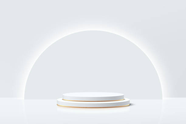 istock White, Gray and Gold geometric pedestal podium with glowing semi circle backdrop. Vector abstract studio room with 3D platform. Luxury minimal scene for cosmetic products. Showcase, Promotion display. 1341096417