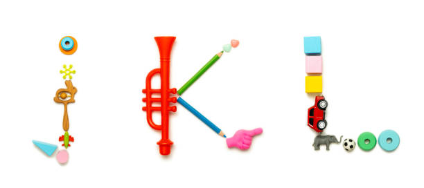lettere j, k, l fatte da giocattoli per bambini isolati su sfondo bianco - letter j block toy alphabet foto e immagini stock