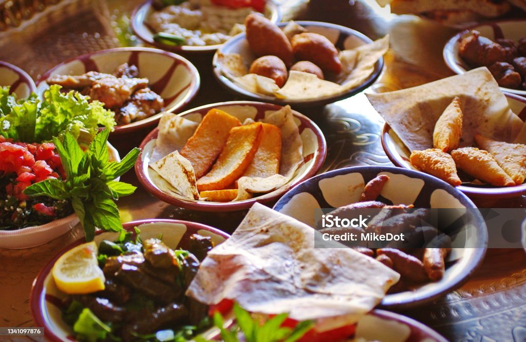 Middle eastern or arabic dishes and assorted meze Meze Stock Photo
