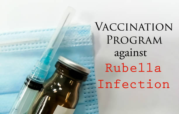istock Vaccination program for rubella infection text isolated with musk, vial and syringe 1341098116