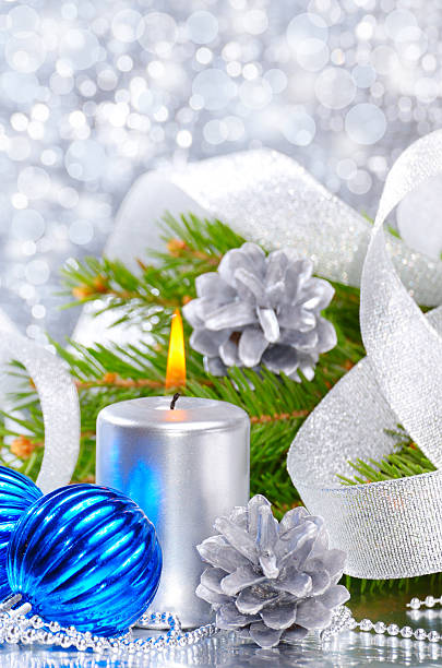 istock Blue christmas balls and silver candle 134110131