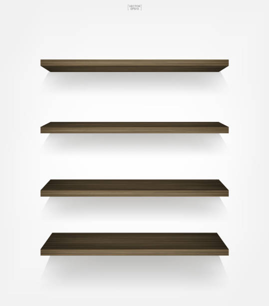 istock Empty wood shelf on white background with soft shadow. 3D empty wooden shelves on white wall. 1341102573
