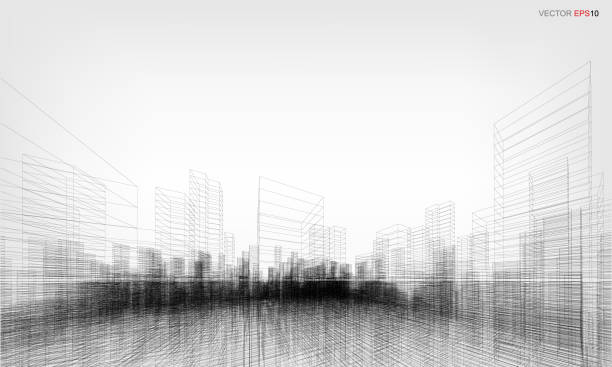 perspektivisches 3d-rendering des erstellens von wireframes. vektor-drahtmodell-stadthintergrund. - street technology blueprint city stock-grafiken, -clipart, -cartoons und -symbole