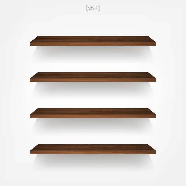 istock Empty wood shelf on white background with soft shadow. 3D empty wooden shelves on white wall. 1341102702