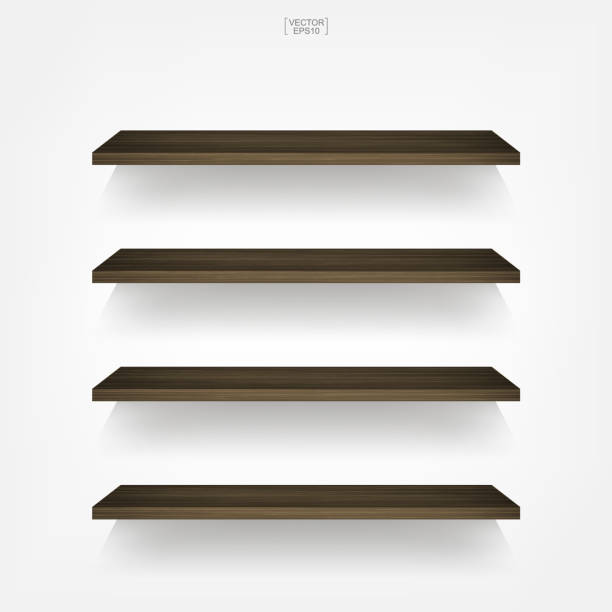 istock Empty wood shelf on white background with soft shadow. 3D empty wooden shelves on white wall. 1341102809