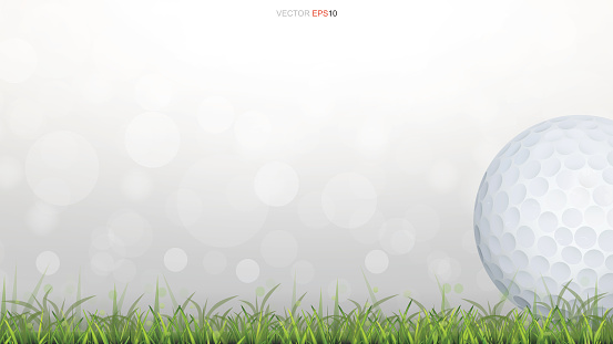 Golf ball on green grass field with light blurred bokeh background. Vector illustration.