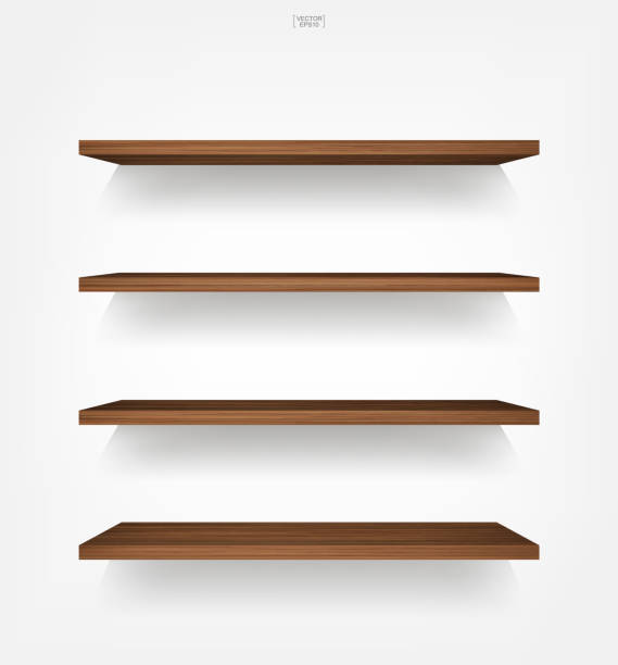 istock Empty wood shelf on white background with soft shadow. 3D empty wooden shelves on white wall. 1341102836