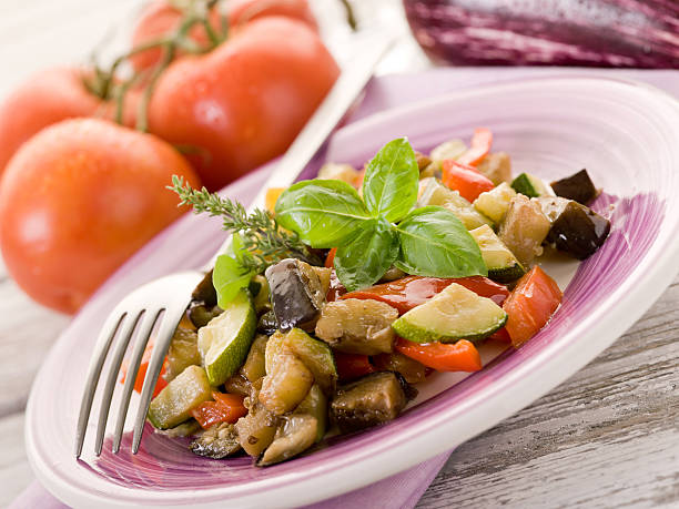 istock ratatouille over dish on white woodden table 134110291