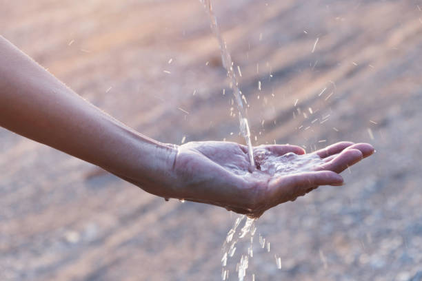 istock Water flow to hand in nature and sunlight background. 1341105282