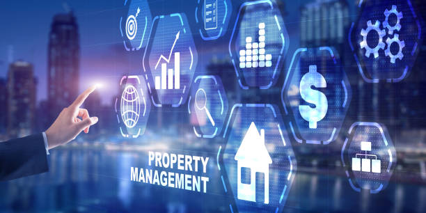 istock Businessman working on a virtual screen inscription: Property management 1341105379