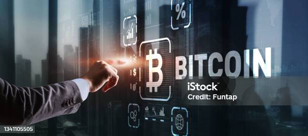 Hand Touching Bitcoin Button Modern Business Technology Concept Bitcoin Ethereum Stock Photo - Download Image Now