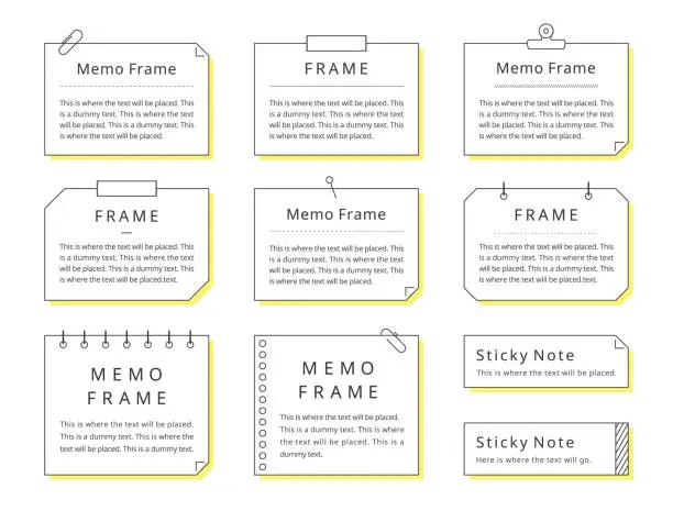 Vector illustration of Illustration set of memo frame. Text background, Heading, Message