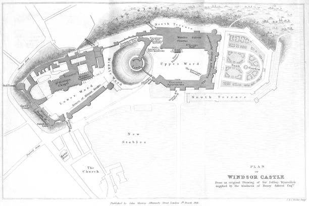 Windsor Castle and Gardens Blueprint Map 1841 A Detailed map of Royal Castle of Windsor showing Sunken Eastern Gardens and other areas of the castle landscape design stock illustrations