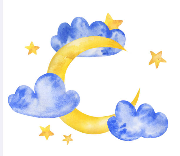 ilustraciones, imágenes clip art, dibujos animados e iconos de stock de bebé linda acuarela luna espacial con nube, estrellas buenas noches ilustración dibujada a mano en tinta. - bedtime