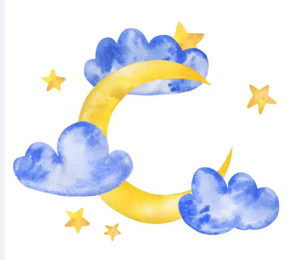 Vector illustration of Baby cute watercolor space moon with cloud, stars good night illustration hand drawn in ink.