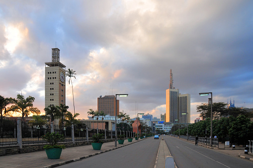 Nairobi, Kenya: Parliament Road - late afternon view with the Parliament clock tower, Nyayo House and Teleposta Towers - central business district.