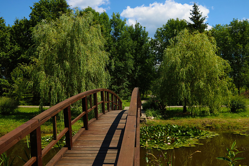 A small wooden bridge over a lake or river