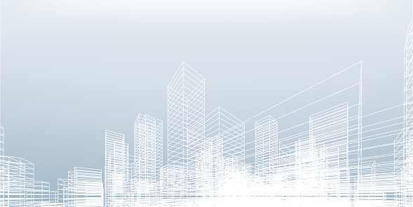 Abstract wireframe city background. Perspective 3D render of building wireframe. Vector illustration.