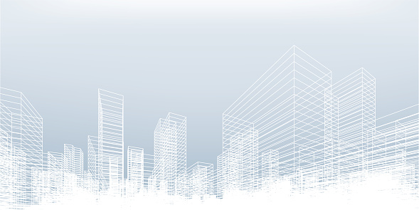 istock Abstract wireframe city background. Perspective 3D render of building wireframe. 1341116602