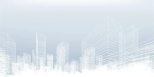 Vector illustration of Abstract wireframe city background. Perspective 3D render of building wireframe.