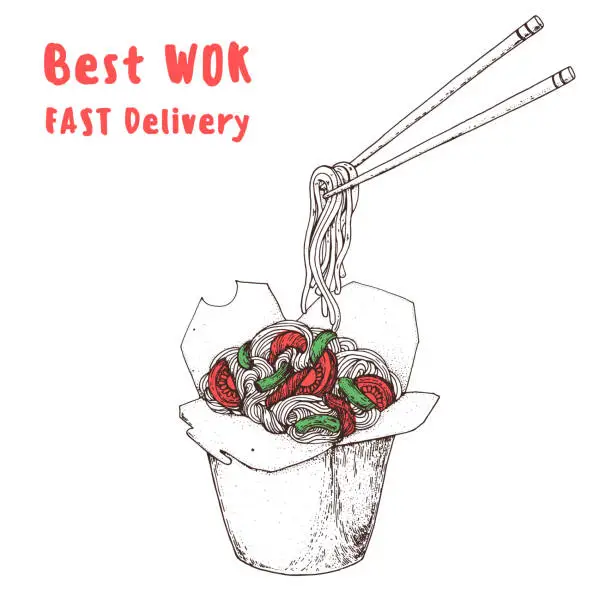 Vector illustration of Hand drawn vector illustration - Wok box sketch. Noodles in a carton box. Asian food.