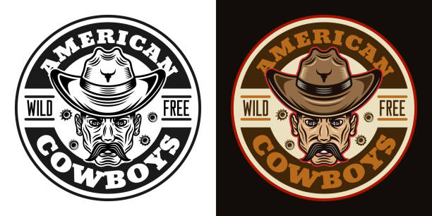 ilustrações, clipart, desenhos animados e ícones de cowboys vetor vintage emblema redondo, rótulo, crachá ou ilustração logotipo em dois estilos preto em branco e colorido em fundo escuro - cowboy hat personal accessory equipment headdress