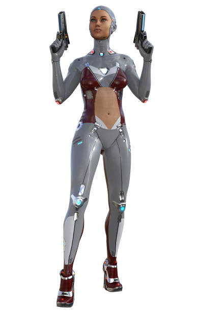 istock Cyborg Warrior armed with gun, White background, 3d illustration 1341121304
