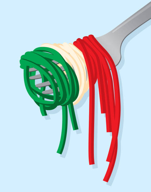 Spaghetti in Italian flag colors twisted around a fork vector art illustration