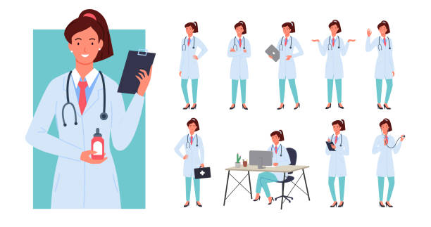 Doctor female poses infographic set, young woman doctor standing with first aid bag Doctor female poses vector illustration infographic set. Cartoon young woman professional doctor character standing with first aid bag, stethoscope and diagnosis tablet, working in different positions healthcare and medicine business hospital variation stock illustrations