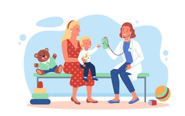 ilustraciones, imágenes clip art, dibujos animados e iconos de stock de familia feliz en chequeo de pediatra, mujer doctora y niño paciente jugando juntos - pediatra