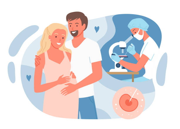 ilustraciones, imágenes clip art, dibujos animados e iconos de stock de fertilización in vitro con padres personas, esposa embarazada de pie junto con el esposo - human fertility