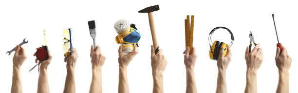 istock Collage of men holding construction tools on white background. Banner design 1341127141