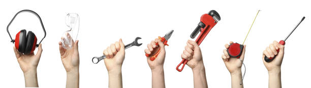 istock Collage of men holding construction tools on white background. Banner design 1341127244